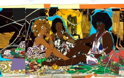 Mickalene Thomas' painting of three women 